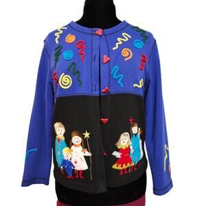 Sport Elle Ugly Christmas Sweater Blue Embroidered Caroling Noel Cardigan M